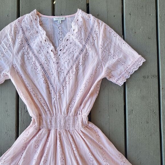 Stellah Blush Pink Cotton Embroidered Eyelet‎ Fit & Flare Cottagecore Mini Dress - Picture 4 of 6